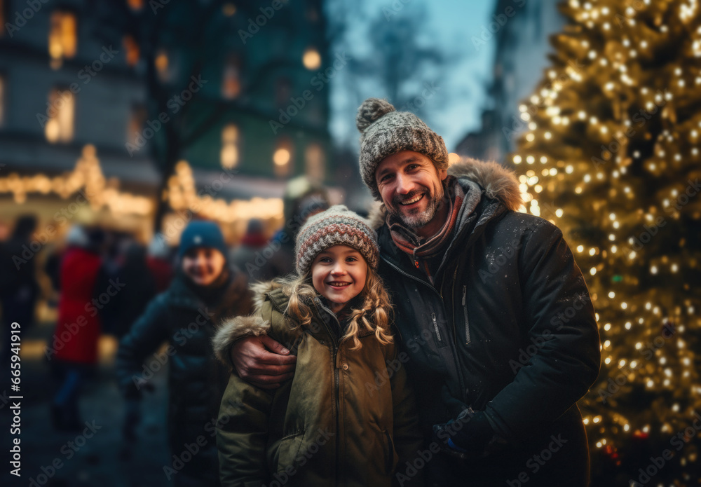 During the Christmas period, a father and his little daughter pose in front of the illuminated Christmas tree at a Christmas market at dusk. Generative ai
