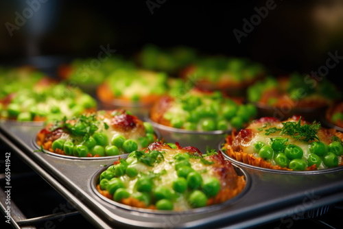 Meat loaf muffins with peas and cheese roasting in the oven close up