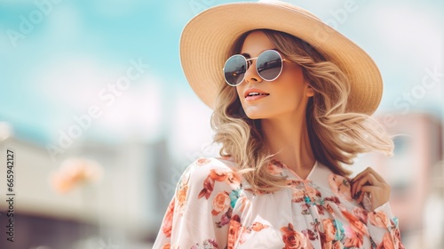  a woman wearing a hat and sunglasses in a city setting. generative ai