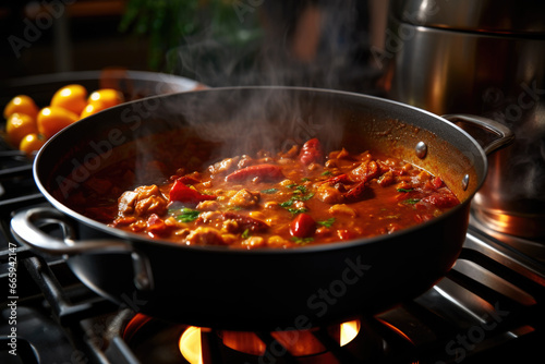 Goulash soup, stew of meat and vegetables cooking in the pot on the stove
