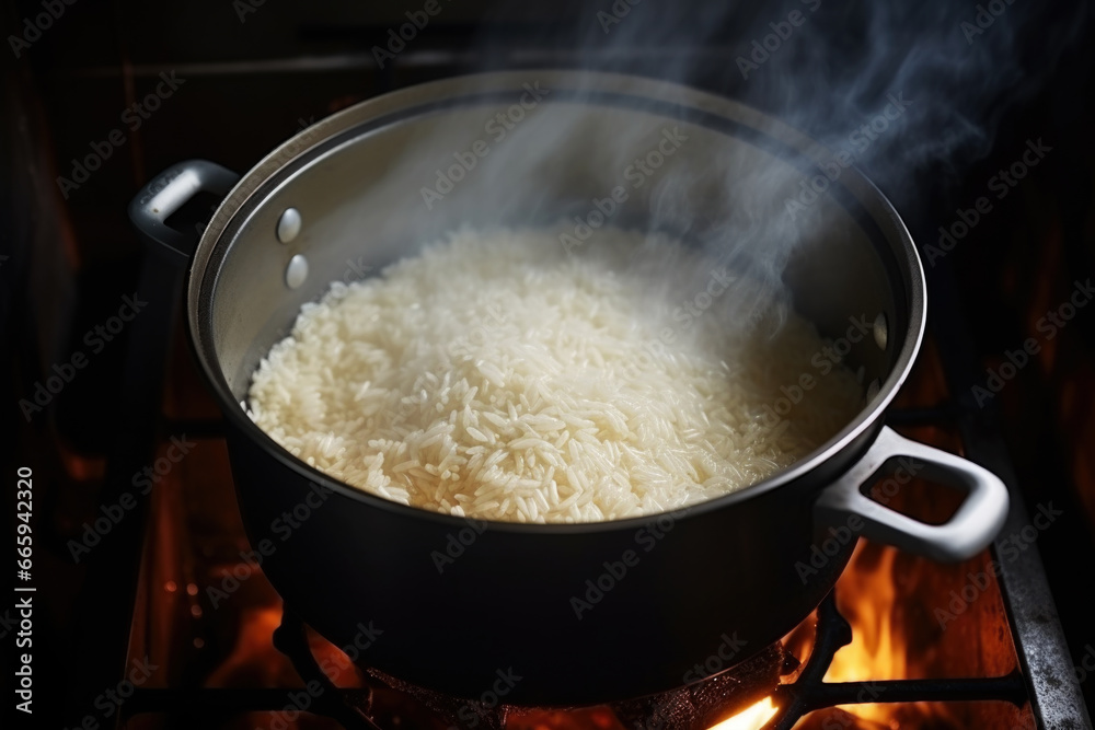 White rice cooking in the pot on the stove