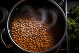 Lentils cooking in the pot on the stove