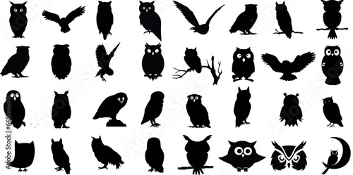 Owl vector illustration set, showcasing diverse species in striking black silhouettes. Each bird, a unique representation of nature’s nocturnal predators. best for wildlife enthusiasts graphic design photo