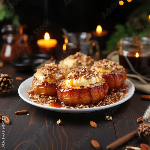 Baked apples filled with nuts on a plate on the rustic wooden table.