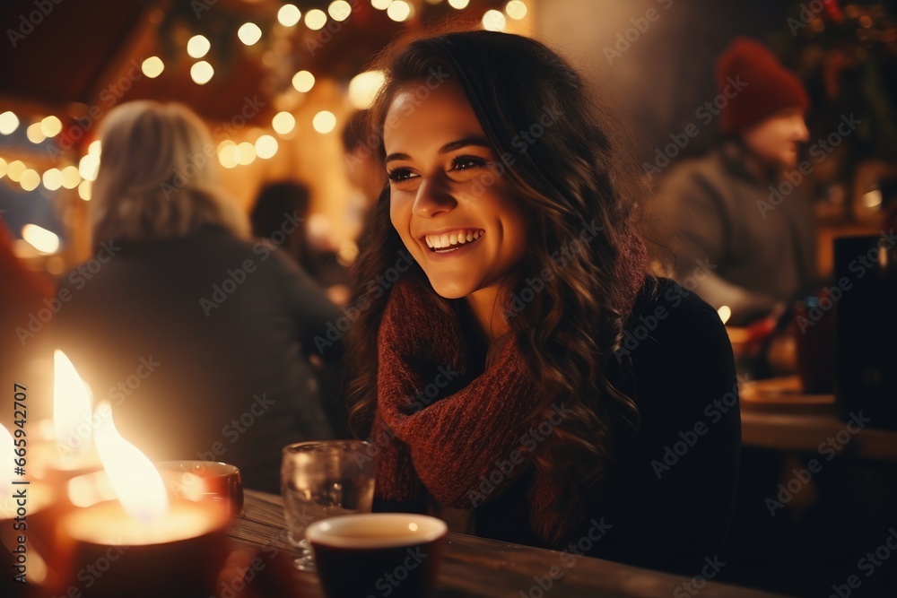 Portrait of a young woman sitting at the table at the Christmas market and happily talking to someone. - obrazy, fototapety, plakaty 