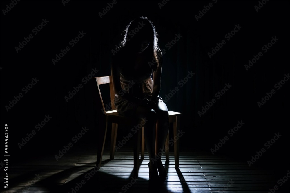 The depression woman sit on the chair on dark background, sad asian woman silhouette in dark, dark light photography - obrazy, fototapety, plakaty 