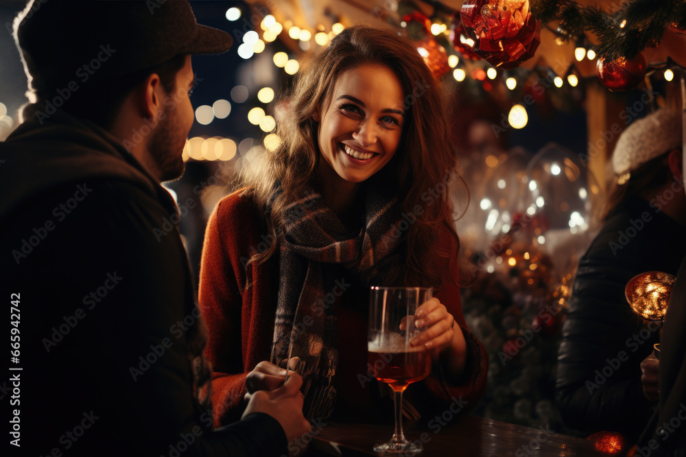 Young happy couple walking through Christmas market with hot drinks, enjoying, wearing warm clothes, looking at each other and laughing.