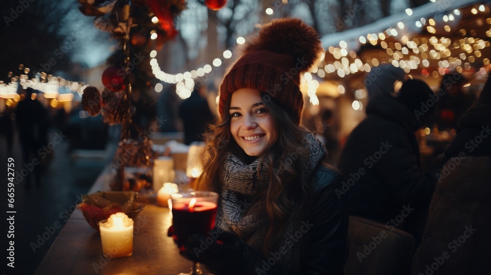 A beautiful girl enjoys a cup of mulled wine at the Christmas market. A beautiful girl enjoys a cup of mulled wine at the Christmas market.