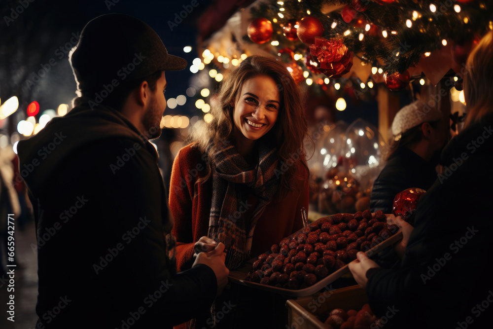 Closeup of young happy couple walking through Christmas market with hot drinks in warm clothes and enjoying. Closeup of young happy couple walking through Christmas market with hot drinks in warm clothes and enjoying.