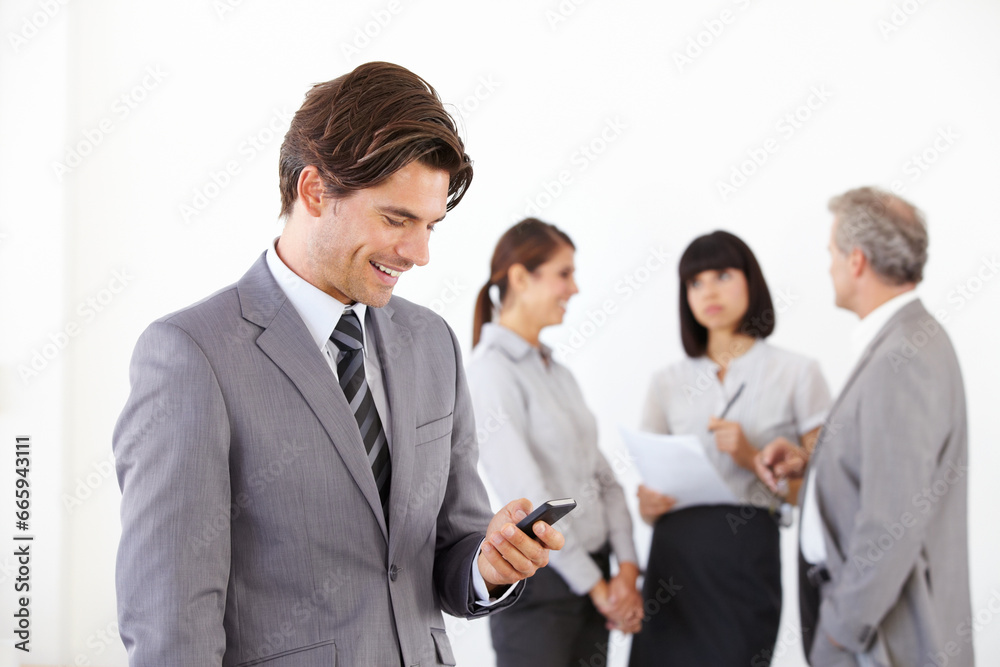 Businessman, cellphone and smile or team background, job communication or online planning. Male person, mobile decisions and internet company connection or conversation, text or colleague networking Businessman, cellphone and smile or team background, job communication or online planning. Male person, mobile decisions and internet company connection or conversation, text or colleague networking
