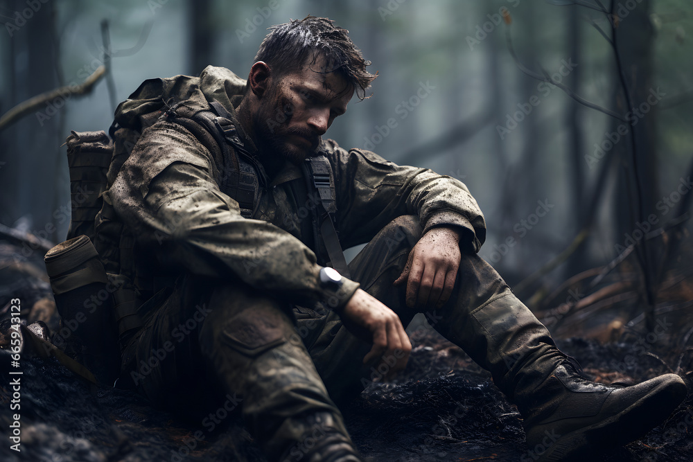 Fototapeta premium dirty tired soldier sitting in deep forest at autumn evening. Neural network generated image. Not based on any actual person or scene.