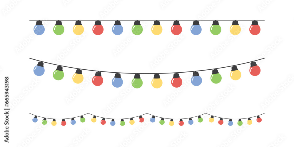 Set of seamless festive colorful Christmas string light border. Flat vector illustration.	 - obrazy, fototapety, plakaty 