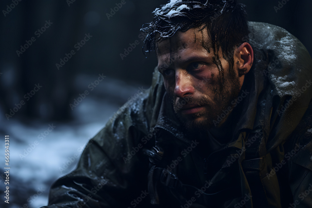 dirty tired soldier sitting in deep forest at winter night. Neural network generated image. Not based on any actual person or scene. dirty tired soldier sitting in deep forest at winter night. Neural network generated image. Not based on any actual person or scene.