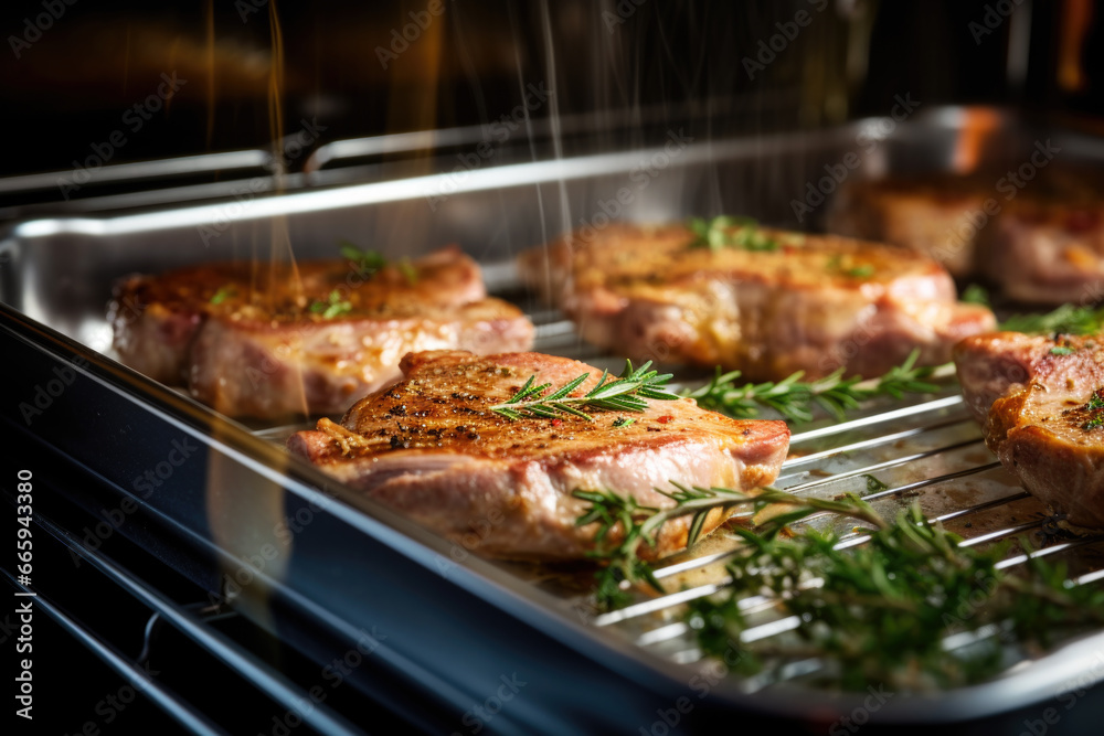 Veal cutlets with rosemary roasting in the oven close up