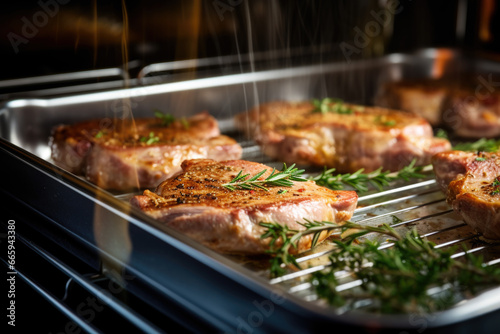 Veal cutlets with rosemary roasting in the oven close up