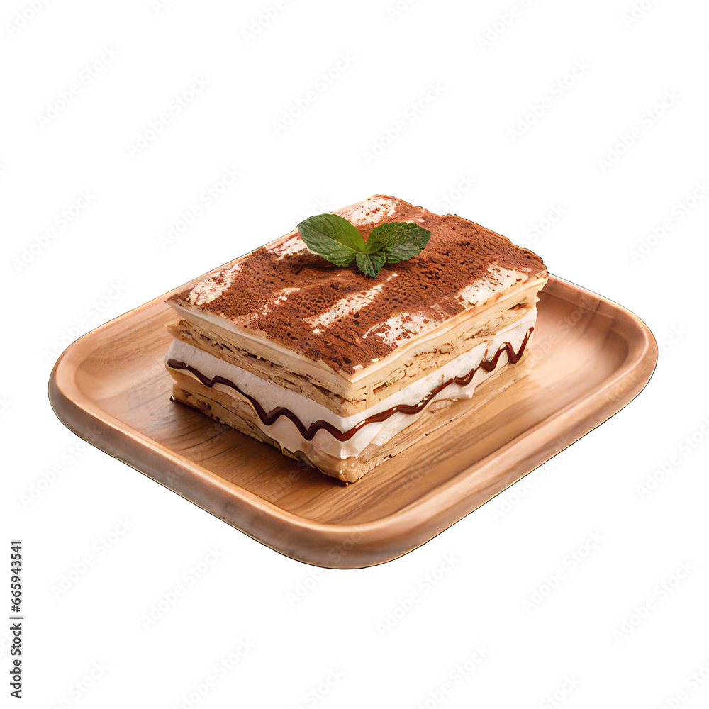 Piece of cake with mint on the wooden without background Piece of cake with mint on the wooden without background