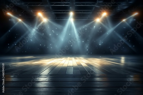 Spotlights illuminate stage floor, perfect for backgrounds and mock-ups. Generative AI