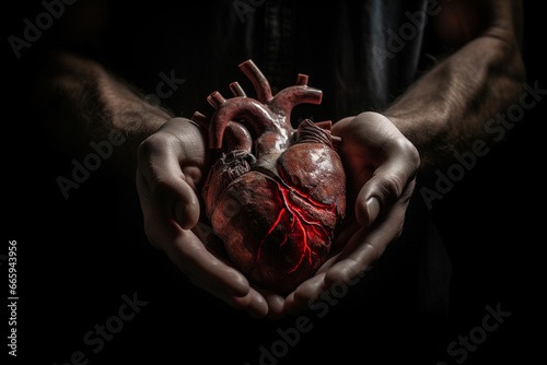 Hand with a human glistering heart