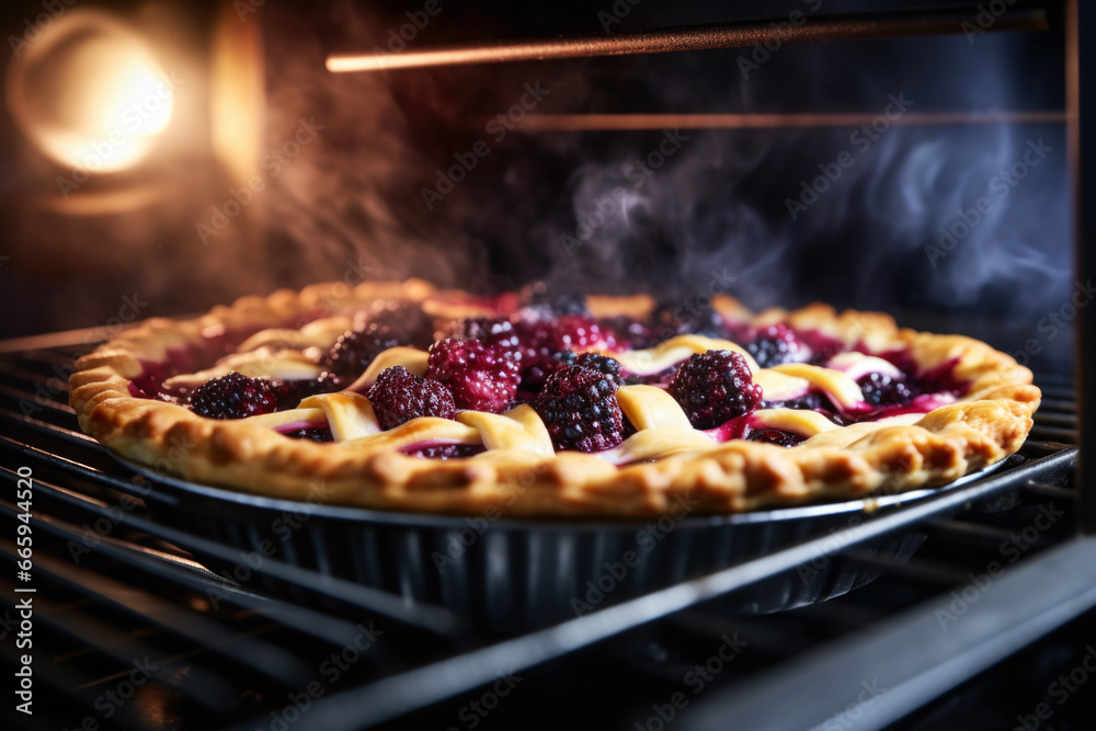 Delicious blackberry pie baking in oven close up