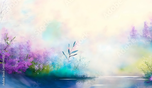 Watercolor spring landscape with trees, grass and flowers. Digital art painting.