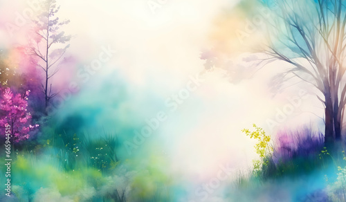 Watercolor spring landscape with trees  grass and flowers. Digital art painting.