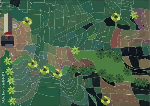 rice field area with green trees and rice, there are houses and warehouses and tractors in vector and on a white background
