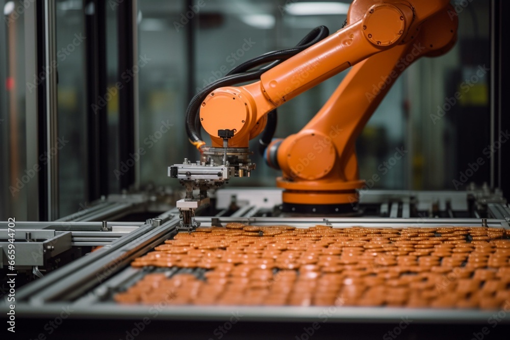 Orange robot in factory. Generative AI