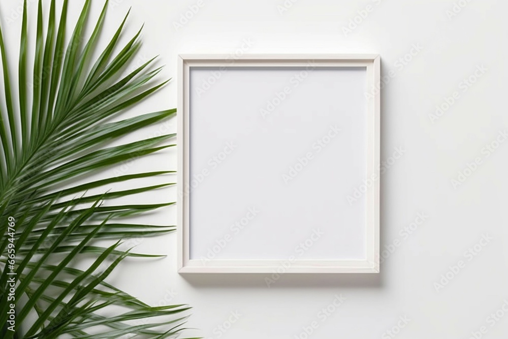 Top view of a white square frame mockup with palm leaf decoration Top view of a white square frame mockup with palm leaf decoration