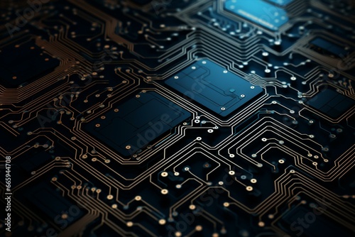 Background with 3D metallic circuit board machine elements. Generative AI