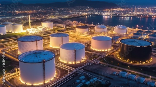 Oil refinery plant from industry zone, Aerial view oil and gas petrochemical industrial, Refinery factory oil storage tank and pipeline steel at night, Ecosystem and healthy environment concepts.