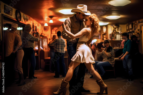 young couple enthusiasticlly dancing in country bar