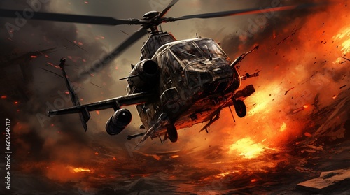 Helicóptero de combate volando en un escenario de guerra