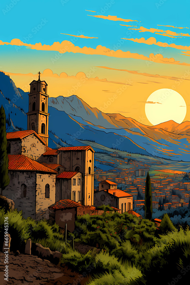 picturesque Mediterranean hilly town with quaint red tile roofs  architecture painted in graphic poster style illustration