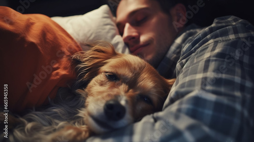 copy space, stockphoto, topview, cut dog sleeping in bed with the owner. Man sleeping with his dog. Animal love. Cut pet dog sleeping in bed together with his owner. Love and affection between a dog a