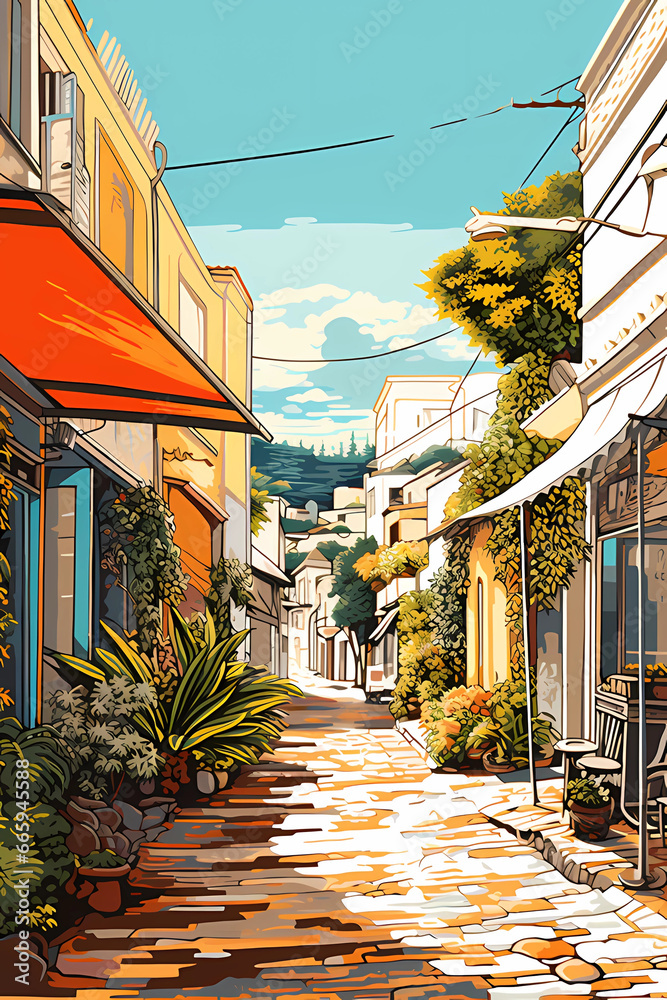 picturesque Mediterranean riviera hilly coastal town architecture painted in graphic poster style illustration