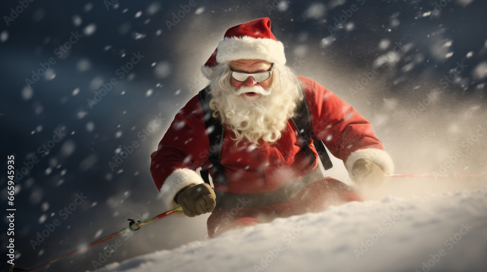 Santa Claus close-up is skiing on snow representing winter or christmas ski holidays