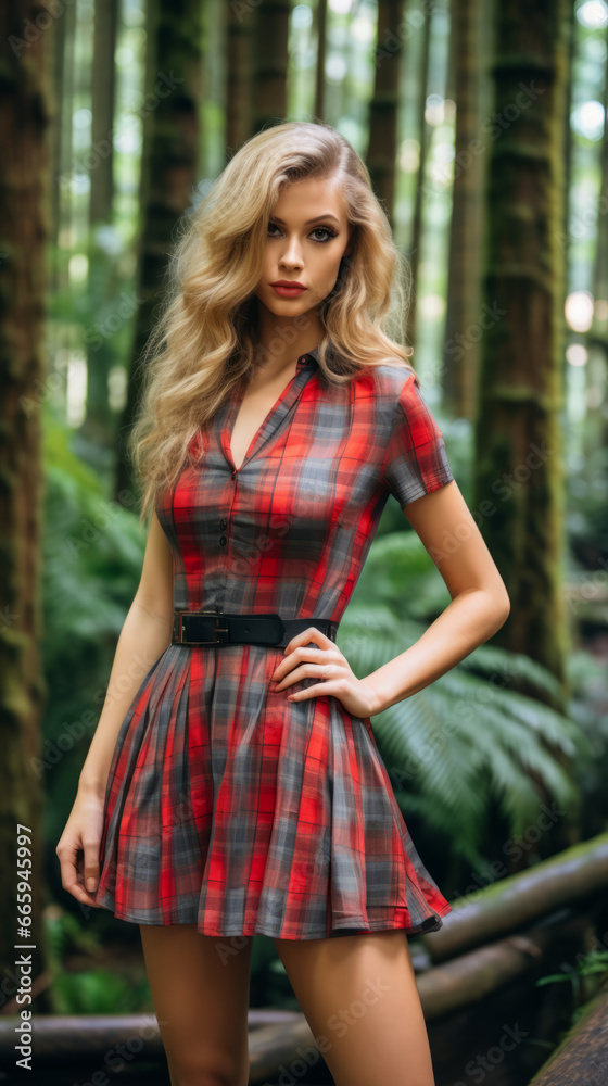 Beautiful female model wearing a woman plaid pattern school dress with luxuriant forest background