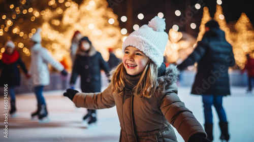 Children at a New Year's ice rink in a big city in the evening with christmas decorations and lights