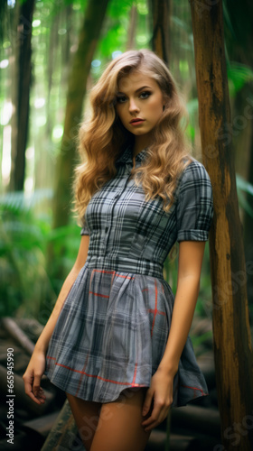 Beautiful female model wearing a woman plaid pattern school dress with luxuriant forest background