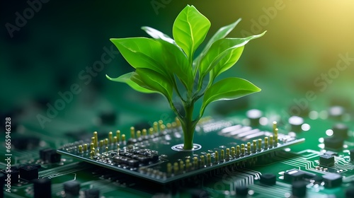 A tree growing on a computer circuit board in symbol of Green Technology Environmental awareness
