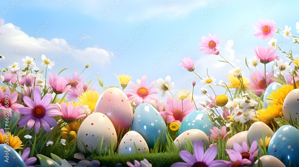 easter eggs in grass, Easter eggs, flowers and the blue sky, Sky grass rainbow, Happy Easter Holiday Background. Illustration AI Generative