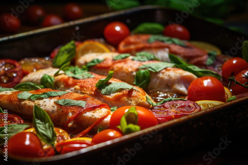 Dish from the oven roasted fish with tomatoes, basil and spices close up