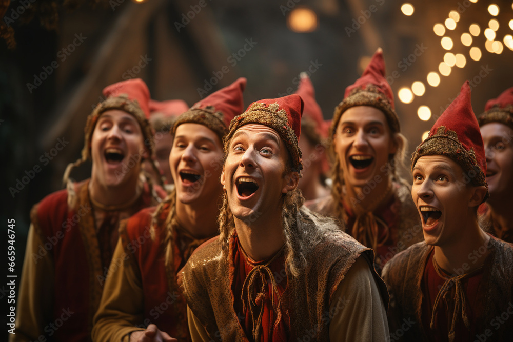 Photograph a choir of elves singing traditional Christmas carols, exuding the harmony and melodious charm of the season. Photo