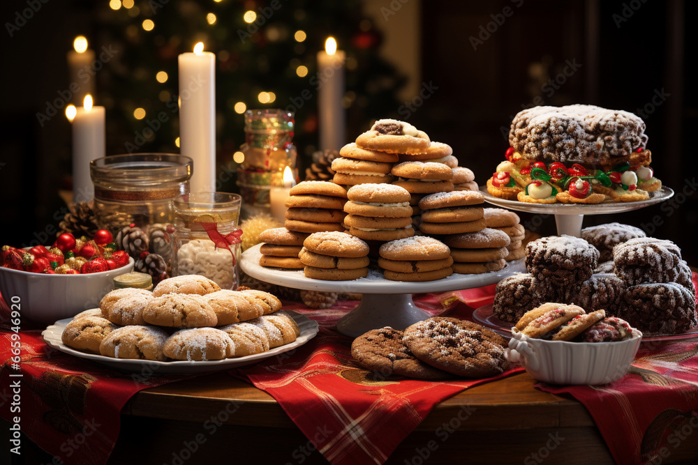 Photograph a table full of an array of cookies that Santa has received from different households, highlighting the diversity of traditions. Photo Photograph a table full of an array of cookies that Santa has received from different households, highlighting the diversity of traditions. Photo