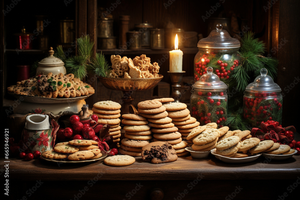Fototapeta premium Photograph a table full of an array of cookies that Santa has received from different households, highlighting the diversity of traditions. Photo