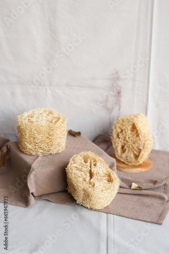 Luffa or Loofah. Eco-friendly vegetable sponge, zero waste. Sustainable bathroom and lifestyle, plastic-free and eco-friendly concept.