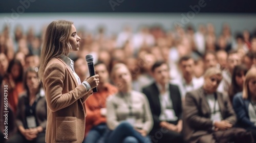 A female asks a speaker a question during a question-and-answer session at an international technology conference in a dark, crowded auditorium