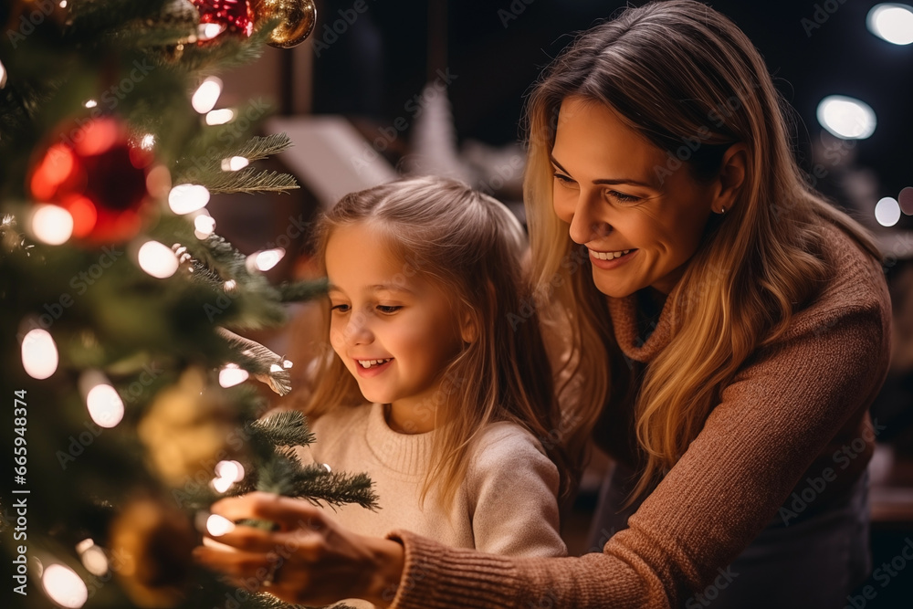 Merry Christmas and Happy Holidays,Mom and daughter decorate the Christmas tree indoors Merry Christmas and Happy Holidays,Mom and daughter decorate the Christmas tree indoors