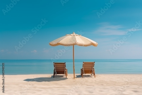 Tranquil beach scene  Panoramic tropical beach landscape for background or wallpaper  two lounge chairs with umbrella  soft lightinig