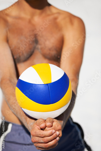 Beach volleyball, hands and sports person hit ball for serve, training performance or outdoor game competition. Sunshine, nature and competitive athlete for fitness, exercise and playing summer match